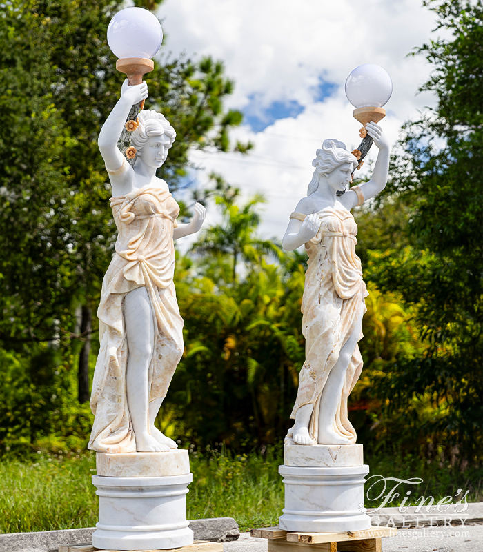 Marble Statues  - Figural Female Marble Lamp Post Pair - MS-1383